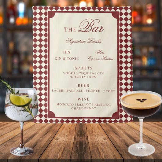 Red & Ivory Checks Old Money Wedding Bar Menu Sign タペストリー