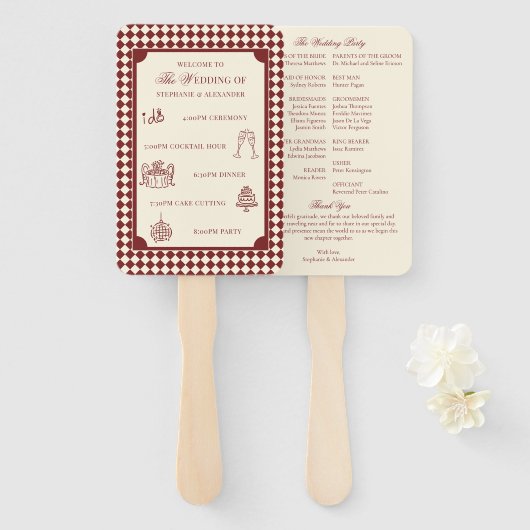 Red & Ivory Old Money Wedding Program Itinerary ハンドファン (正面&裏面)