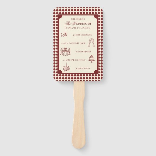 Red & Ivory Old Money Wedding Program Itinerary ハンドファン (正面)