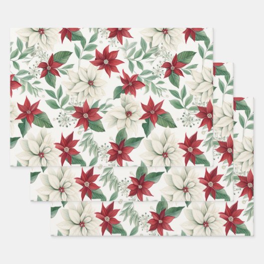 Red Ivory Poinsettia Flat Wrapping Paper Set of 3 ラッピングペーパーシート (セット)