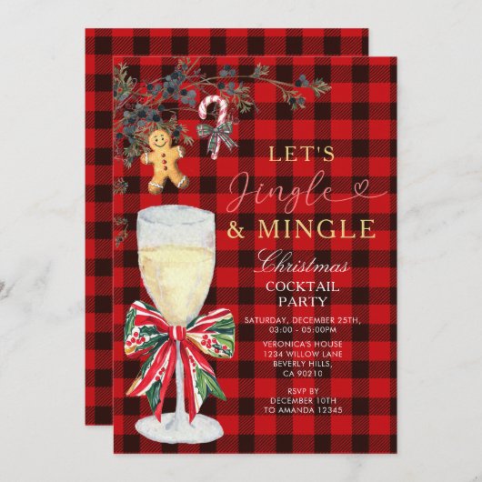 Red Jingle & Mingle Christmas Cocktail Party  招待状 (正面/裏面)