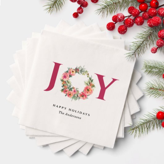 Red Joy Floral Wreath Botanical Christmas Party スタンダードカクテルナプキン