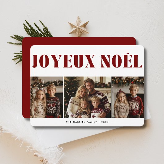 Red Joyeux Noel Christmas フランスの 3フォトキッズ シーズンカード