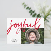 Red Joyful typography Modern Christmas Photo カード (スタンド正面)