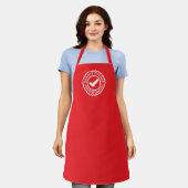 Red kitchen apron with chef's name in the logo エプロン (着用した状態)