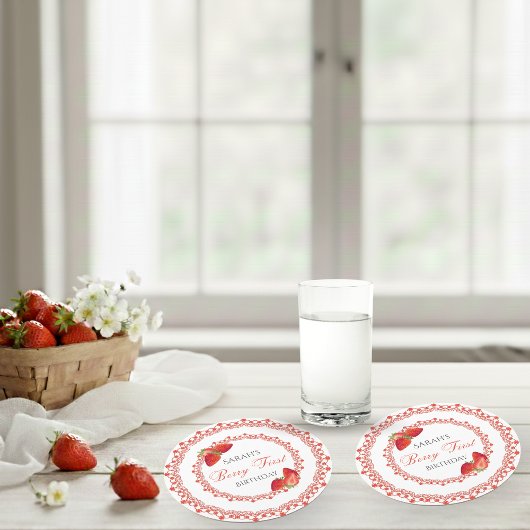 Red Lace Berry First Birthday ラウンドペーパーコースター