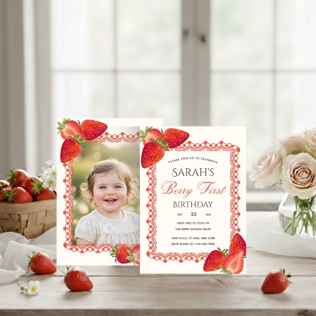 Red Lace Berry First Birthday Photo Invitation (クリエイターアップロード済み)