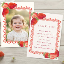 Red Lace Berry First Birthday Photo Thank You Card