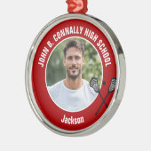 Red Lacrosse Player Photo High School Christmas メタルオーナメント (左)