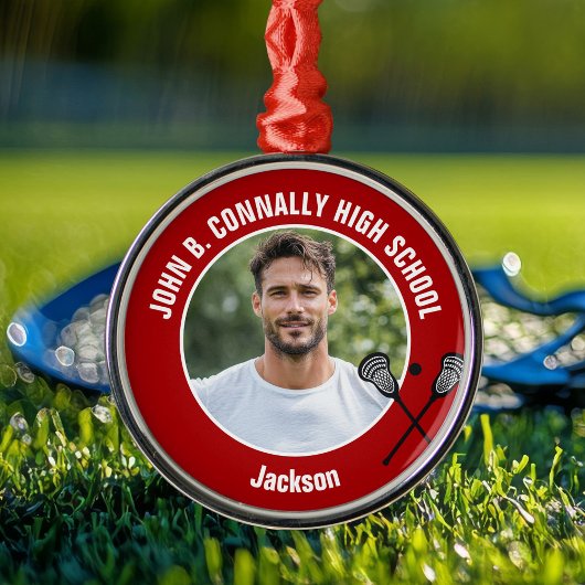 Red Lacrosse Player Photo High School Christmas メタルオーナメント