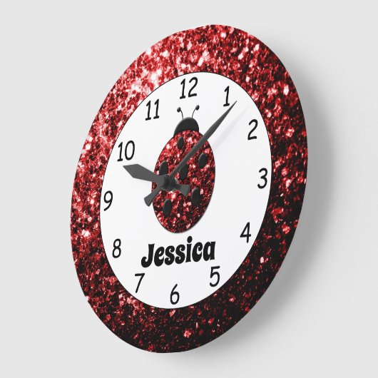 Red ladybug ladybird sparkles Custom name print ラージ壁時計 (傾斜)