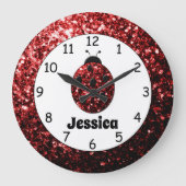 Red ladybug ladybird sparkles Custom name print ラージ壁時計 (正面)