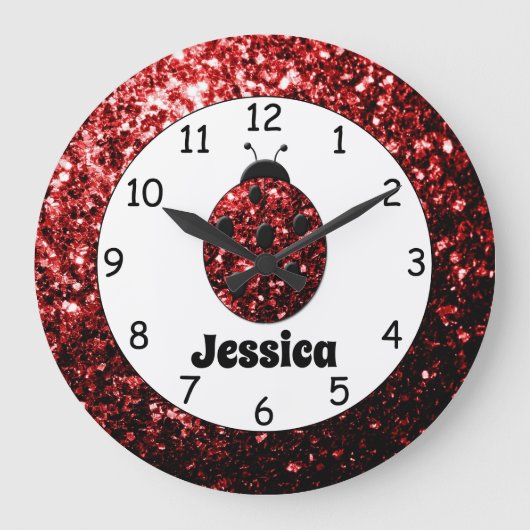 Red ladybug ladybird sparkles Custom name print ラージ壁時計 (正面)