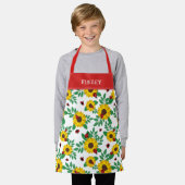 Red Ladybugs & Sunflowers Pattern Add Name（Red Lad エプロン (着用した状態)