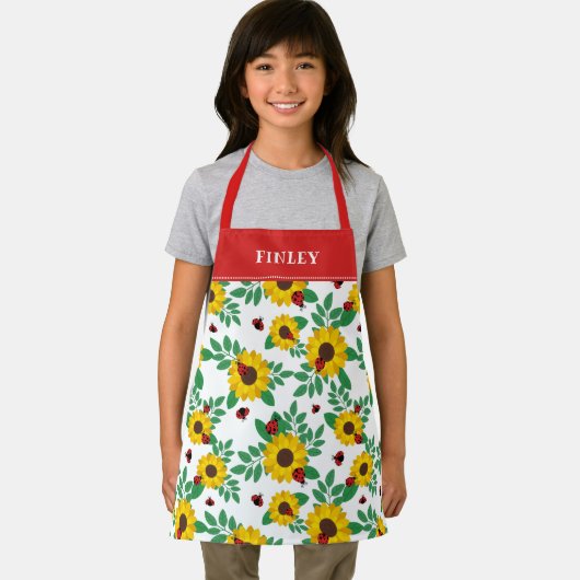 Red Ladybugs & Sunflowers Pattern Add Name(Red Lad エプロン (インサイチュ)