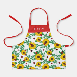 Red Ladybugs & Sunflowers Pattern Add Name(Red Lad エプロン
