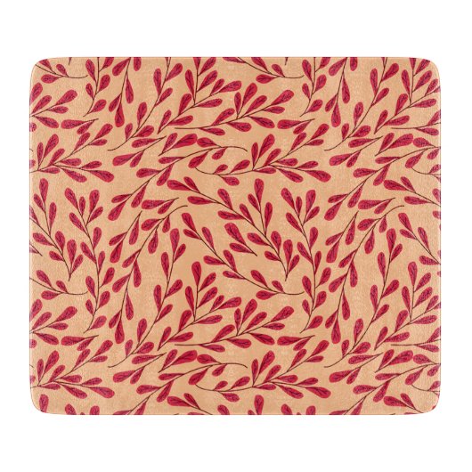  Red Leafy Branches Seamless Pattern カッティングボード (正面)