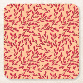  Red Leafy Branches Seamless Pattern スクエアペーパーコースター
