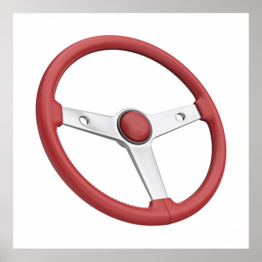 Red leather vintage car steering wheel ポスター (正面)