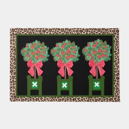 Red Leopard  Holly Berry Chinoiserie  Doormat ドアマット (正面)