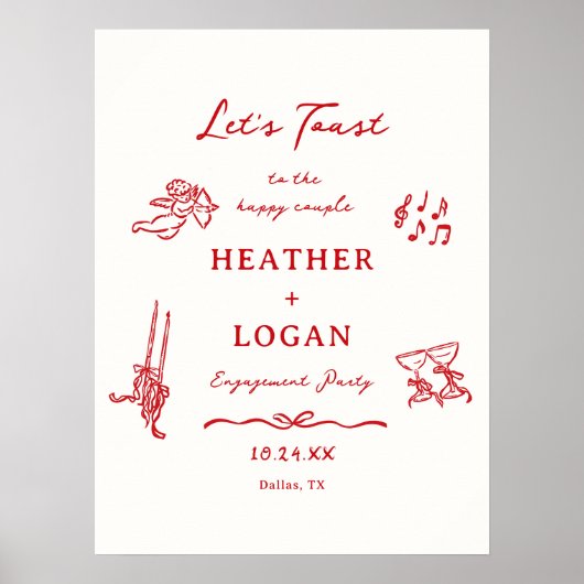 Red Let's Toast Engagement Party Welcome ポスター (正面)