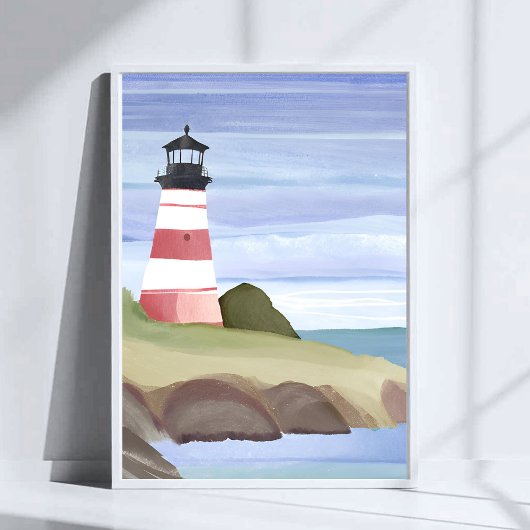 Red Lighthouse | Coastal Ocean Watercolor Painting ポスター