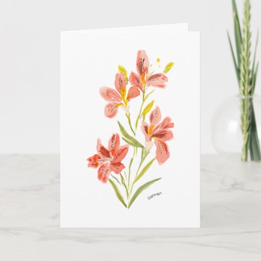 Red Lily Watercolor Floral Greeting Card カード (正面)