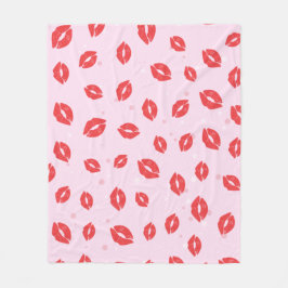 Red Lipstick Kisses on Pink Background Pattern  フリースブランケット