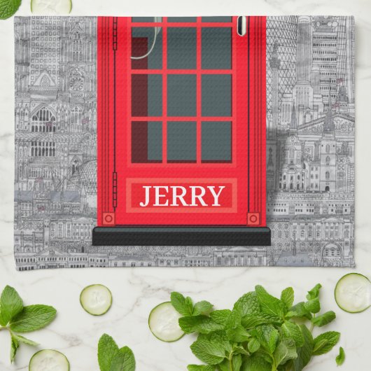 Red London Phone Booth Skyline キッチンタオル (折り畳み)