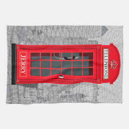 Red London Phone Booth Skyline キッチンタオル