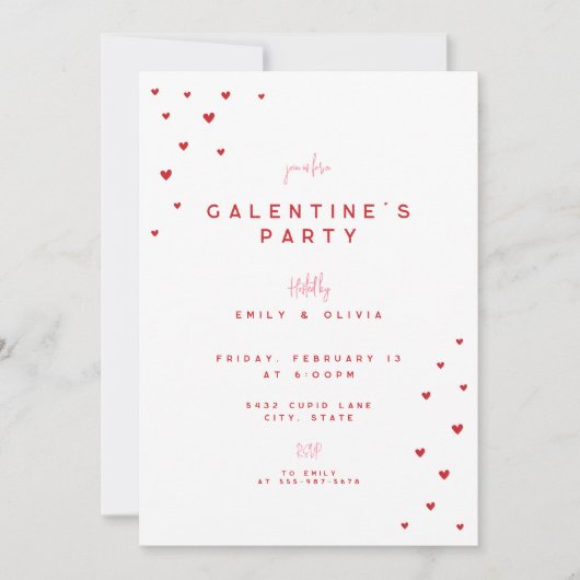 Red Love Heart Valentine's Galentines Party Invite 招待状 (正面)