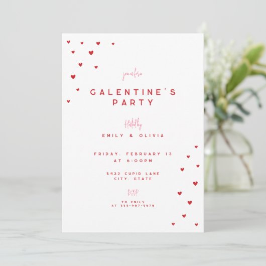 Red Love Heart Valentine's Galentines Party Invite 招待状 (スタンド正面)