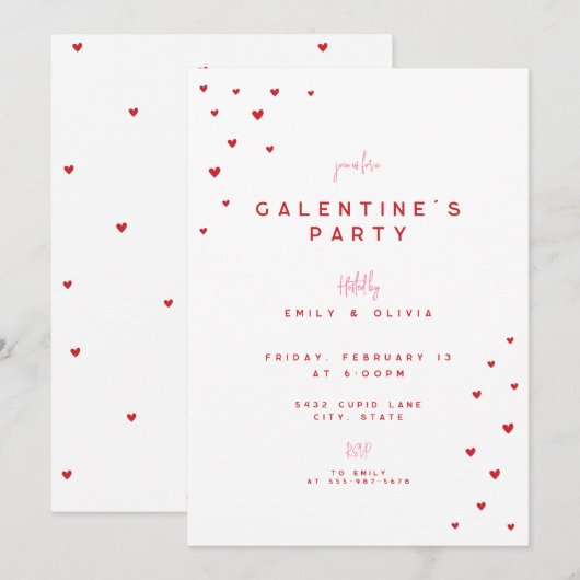 Red Love Heart Valentine's Galentines Party Invite 招待状 (正面/裏面)