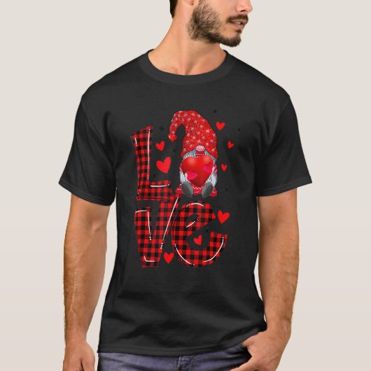 Red Love Plaid Cute Gnomes Heart Men Women Valenti Tシャツ (正面)