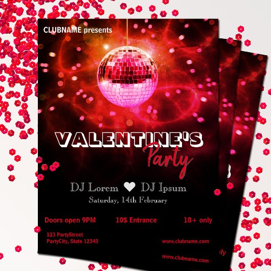 Red Love Valentine's Day Disco Ball Party Flyer チラシ