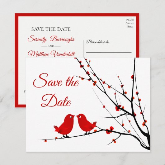 Red Lovebirds Spring Summer Save the Date 案内ポストカード (正面/裏面)