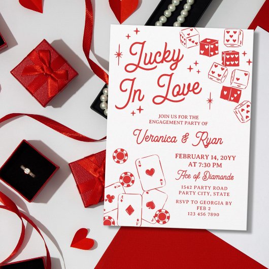 Red Lucky In Love Dice & Cards Engagement Party 招待状
