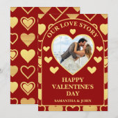Red Luxury Antique Gold Hearts Valentine’s Photo シーズンカード (正面/裏面)