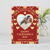 Red Luxury Antique Gold Hearts Valentine’s Photo シーズンカード (スタンド正面)