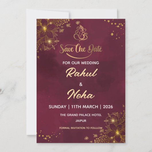 Red Luxury Indian Save the Date Card 招待状 (正面)