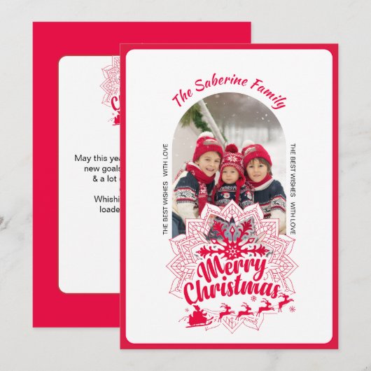 Red Mandala Snowflake & Santa Sleigh Christmas カード (正面/裏面)