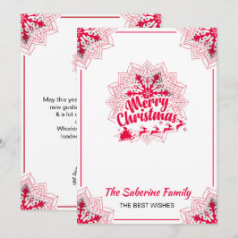 Red Mandala Snowflake & Santa Sleigh Christmas カード