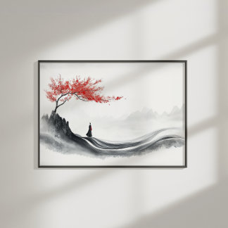 Red Maple Ink Zen Minimalist Wall Art ポスター