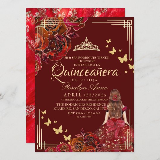Red Maroon Gold Rose Elegant Princess Quinceañera 招待状 (正面/裏面)