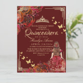 Red Maroon Gold Rose Elegant Princess Quinceañera 招待状 (スタンド正面)