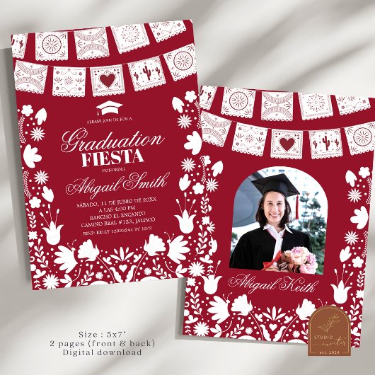 Red Maroon Talavera Mexican Graduation Fiesta 招待状