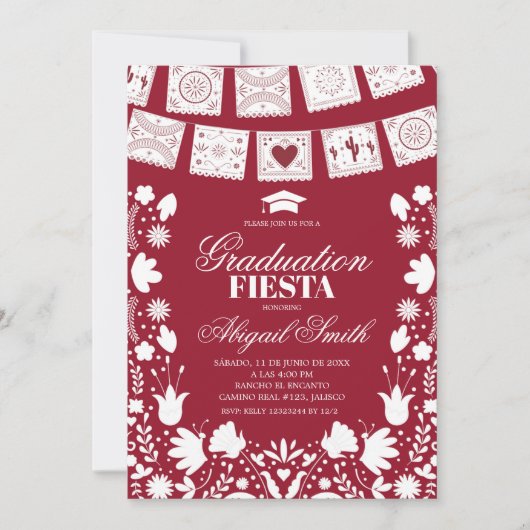 Red Maroon Talavera Mexican Graduation Fiesta 招待状 (正面)