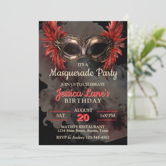Red Mask Masquerade Party Birthday 招待状 (スタンド正面)