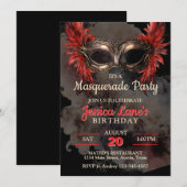 Red Mask Masquerade Party Birthday 招待状 (正面/裏面)