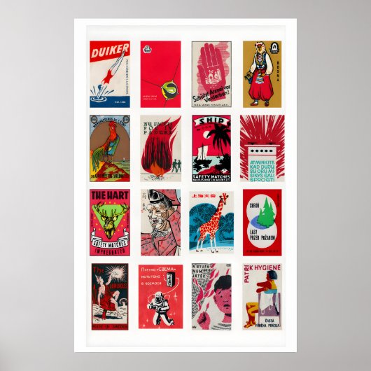 Red Matchbox Labels Grid, Vintage Ephemera Print ポスター (正面)